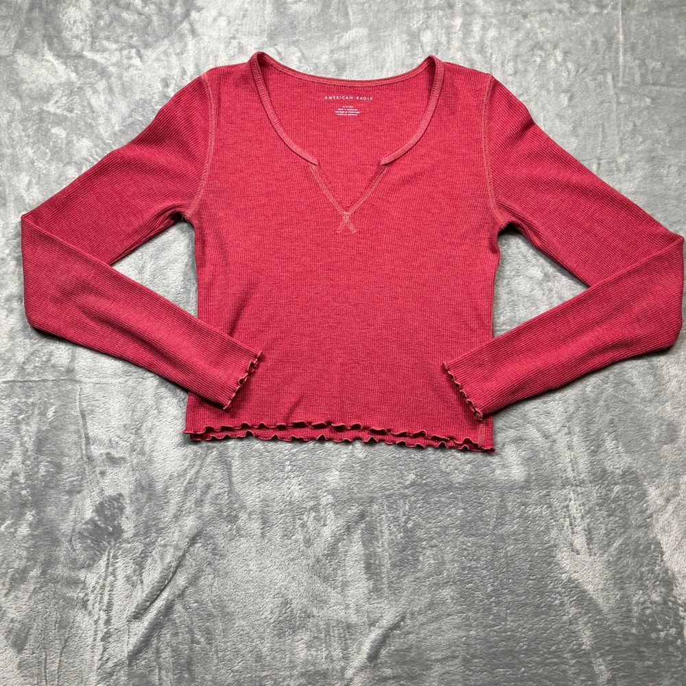 American Eagle Womens Red Waffle Knit Cropped‎ Top Notch Neck Lettuce Hem S